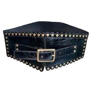 WCM New York Studded Corset Leather Belt | Black | Wide Waist Belt | 31” x 3”